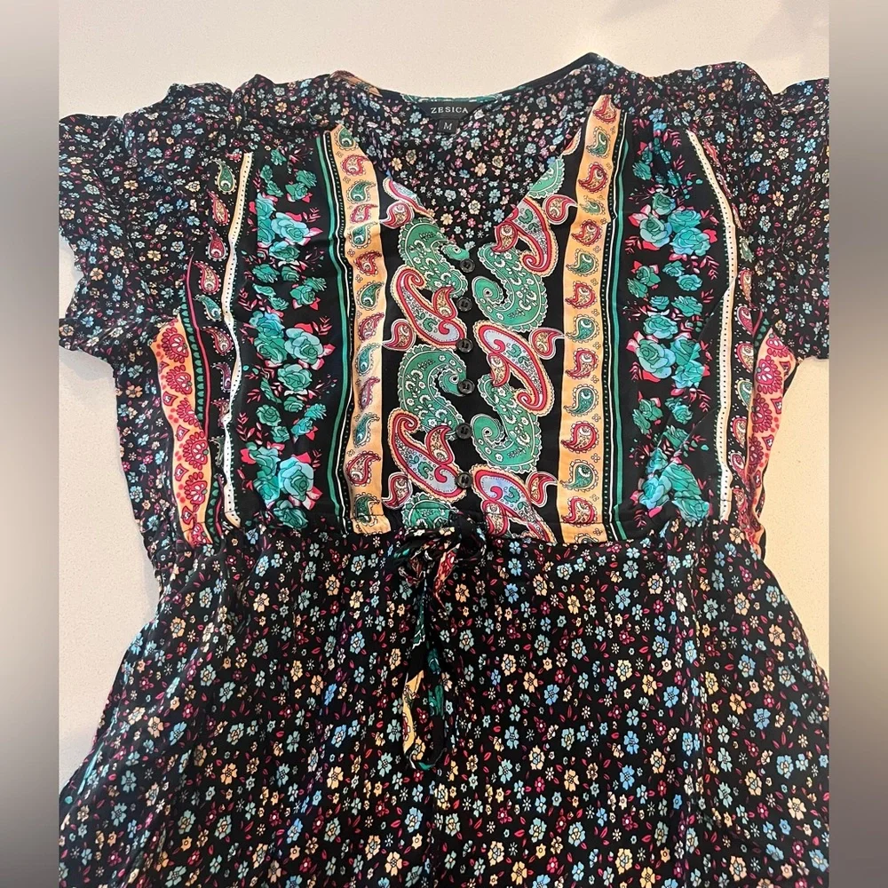 Zesica Maxi Boho Dress Black Floral Paisley Print Tied Waist Women's Medium - Picture 3 of 7